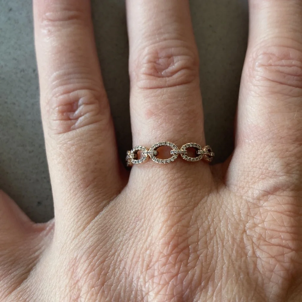 ROSE GOLD & pavè Diamonds ring diamond band chain link wedding 7 karat kt solid - Picture 1 of 10